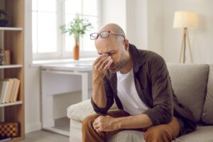 Tired man sitting on sofa